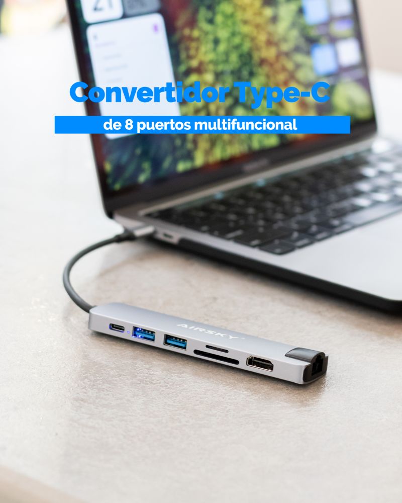 Comprar Convertidor Typec De 8 Puertos en Electroshopy - Ángulo 2